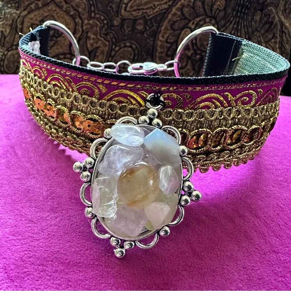 Artisan Boho Choker Necklace Gold Metallic + Handmade Quartz Pendant OOAK Signed